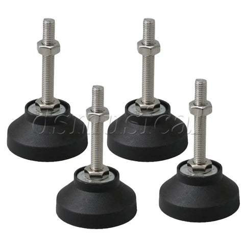 Four Pack Slick Adjustable Leveling Feet For Furniture And Home Cabinets M8 Threaded Black Table Leg Glides grouped together showing black rubber bases and threaded rods.