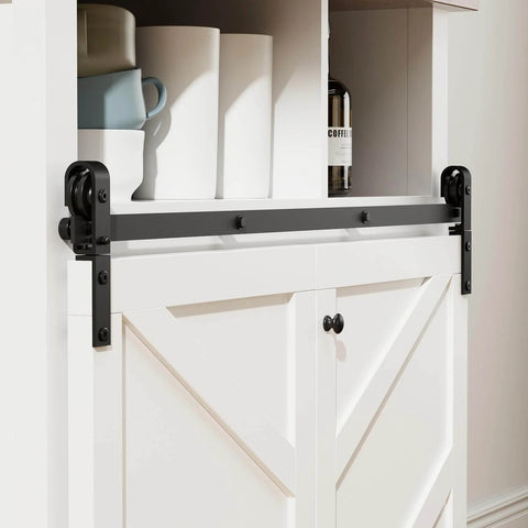 Upgraded 3ft Mini Folding Sliding Barn Door Hardware Kit for Two Doors, Easy Install, on white storage cabinet