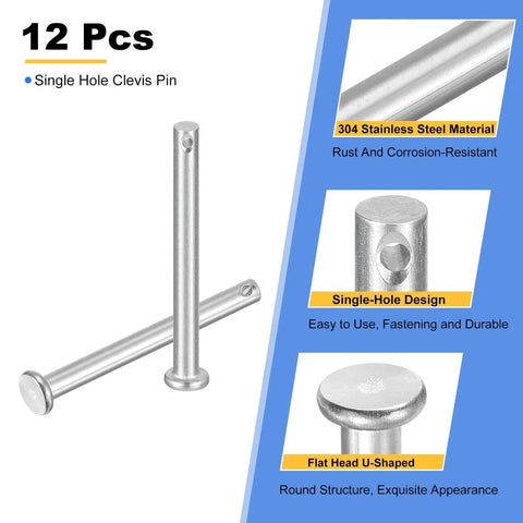 12 Pack Three Sixteenth Inch By Two Inch Single Hole Clevis Pins In 304 Stainless Steel With Flat Heads shown in detail and design features.