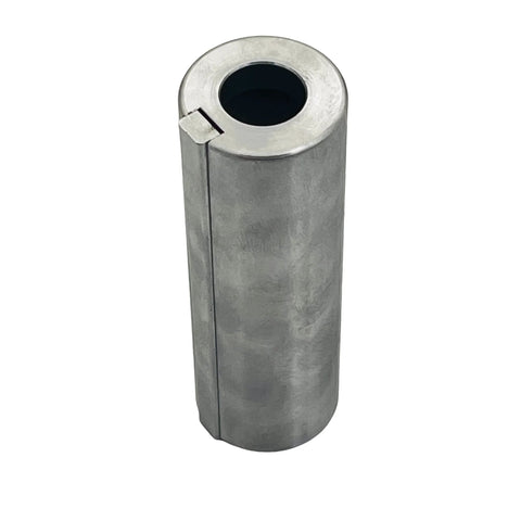 Crankshaft adapter bushing, metal cylinder with central bore, silver finish