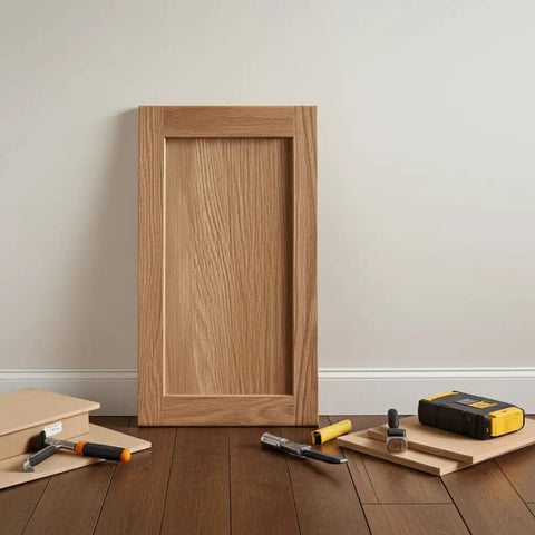Killer Unfinished Oak Shaker Kitchen Cabinet Door Replacement 14 Width 17 Height, natural oak door with tools on a wood floor.