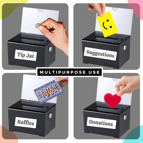Lockable Acrylic Donation Box for Fundraisers and Raffles Multipurpose Suggestion Box With Slot And Sign Holder in use