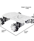 Top view of a silver 4WD robot car chassis with four 60mm Mecanum wheels and 12V high-torque motors