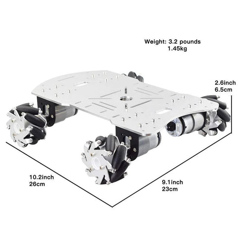 Top view of a silver 4WD robot car chassis with four 60mm Mecanum wheels and 12V high-torque motors