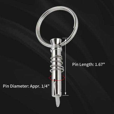 Marine Quick Release Pins One Quarter Inch Diameter With Drop Cam And Spring, 0.9 Inch Usable Length, 316 Stainless Steel, showing size.