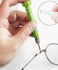 Hella Reliable Eyeglass Repair Kit Featuring Tough S2 Steel Screwdriver with precision screw adjusting eyeglass frames.