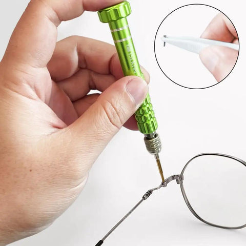 Hella Reliable Eyeglass Repair Kit Featuring Tough S2 Steel Screwdriver with precision screw adjusting eyeglass frames.
