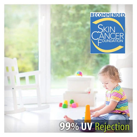 Child playing indoors beside Clear UV Blocking Window Film 24 Inch by 12 Foot with Scratch Resistant Coating for Unobstructed View.