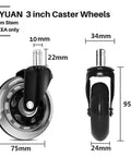 Heavy Duty Rubber Chair Casters 3 Inch Replacement Wheels With 10mm Stem for Flat Pack Chairs, side and front view