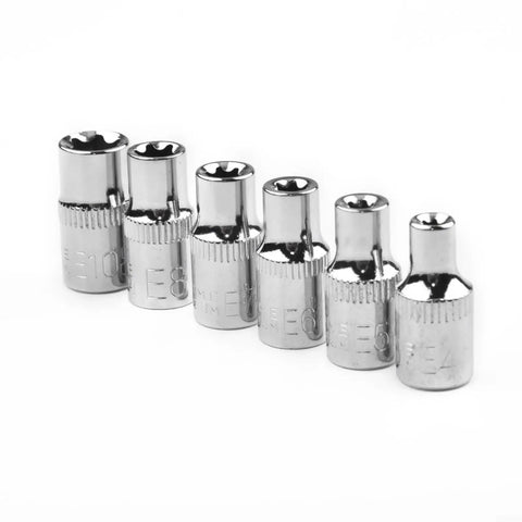 Six Piece Heat Treated Steel E Socket Set With 1/4 Drive For Heavy Duty Mechanics Gear That Lasts And Grips Tight On Bolts So You Can Fix Things Fast Like A Pro. six chrome sockets