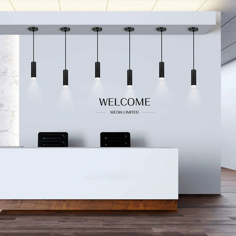 Dope Adjustable Focus Pendant Lights For Kitchen Island And Dining Room, six black mini LED spot pendants over a desk