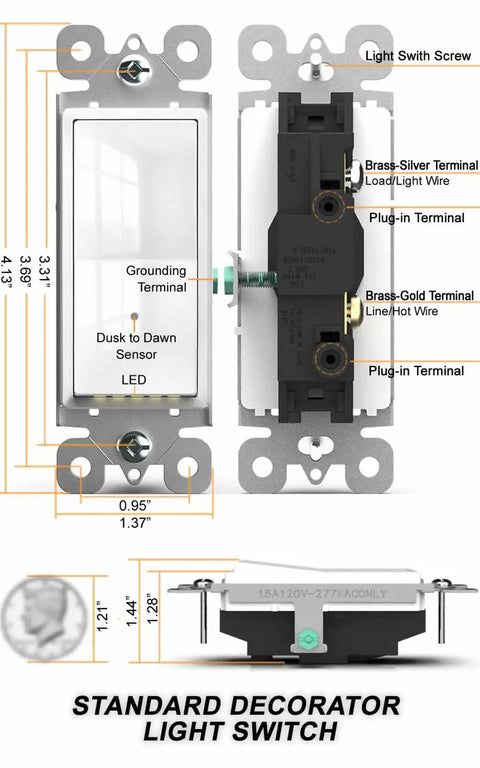 Illuminated Night Light Wall Switch Pack, Single Pole, 15A 120/277V, 3 Wire Grounding, Glossy White, Easy Install, detailed diagram