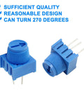Close-up of two blue 10K ohm trim potentiometers with 3-pin design for breadboard projects, featuring 270-degree rotation.
