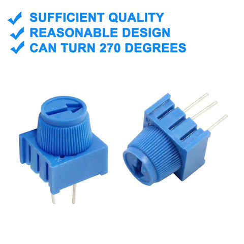 Close-up of two blue 10K ohm trim potentiometers with 3-pin design for breadboard projects, featuring 270-degree rotation.