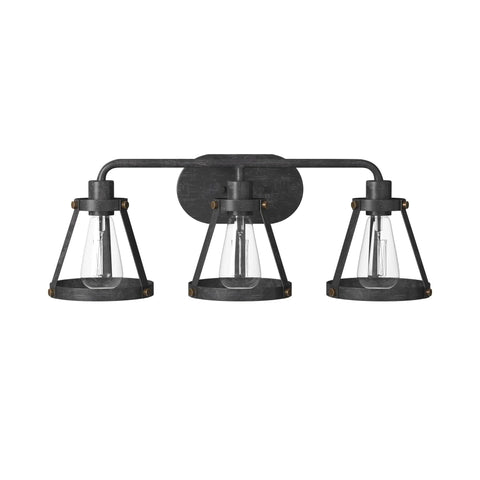 Wicker Park 3-Light Vanity Light Fixture In Weathered Pewter With Old Satin Brass Accents, front view showing three bulbs