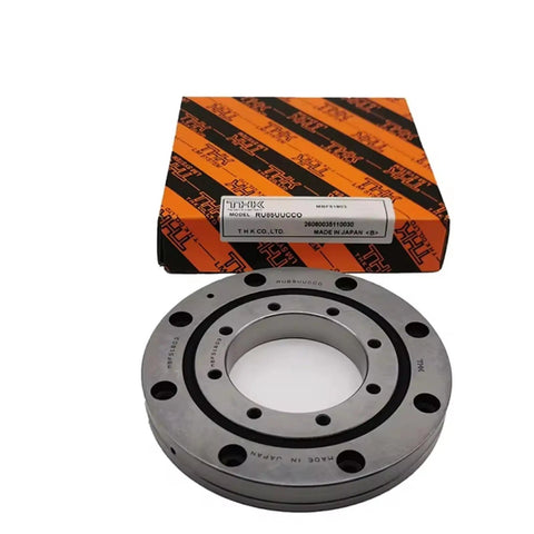 Top Shelf RU124UUCC0X Cross Roller Slewing Bearing with packaging, designed for heavy duty robot arm and CNC systems.