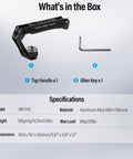 Universal Camera Cage Top Handle With Cold Shoe Mount shown with Allen key, includes specs and dimensions