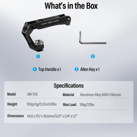Universal Camera Cage Top Handle With Cold Shoe Mount shown with Allen key, includes specs and dimensions