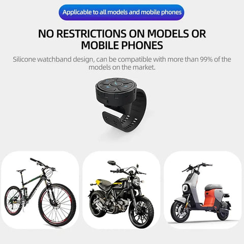 Wireless Media Button Remote Control Kit for phone shown with bike, motorcycle, and scooter compatibility, IP67 waterproof Bluetooth 5.3