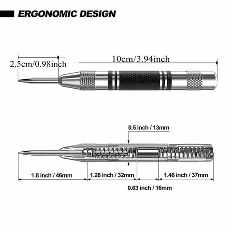 Dimensions of Automatic Center Punch With 2 Extra Tips, 5 Inch Heavy Duty Steel Spring Loaded Tool, Adjustable Tension shown.
