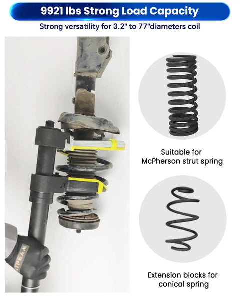 MacPherson Strut Spring Compressor Kit Universal Interchangeable Fork Coil Extractor Tool Set For BMW And Mercedes Benz With Safety Lip Jaws Pro Grade Heavy Duty Build Easy Assembly And Disassembly, showing spring compression process on strut with gloves.
