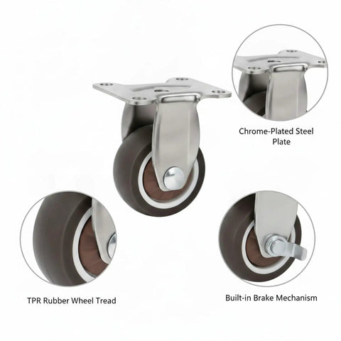 Locking Casters for Heavy Furniture With TPR Rubber Plate Wheels and Chrome Plated Steel Brakes, 1 Pack shown with features