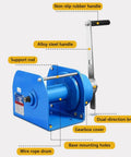 Heavy-Duty Hand Winch With Two-Way Self-Locking Brake And Adjustable Handle, alloy steel with non-slip rubber handle