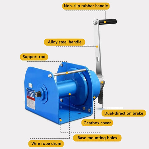 Heavy-Duty Hand Winch With Two-Way Self-Locking Brake And Adjustable Handle, alloy steel with non-slip rubber handle