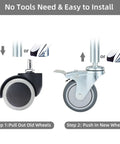 Installation guide showing Super Smooth 3 Inch Swivel Caster Wheels Set Of 4 With 7/16 Inch Stem Heavy Duty Locking Casters steps.