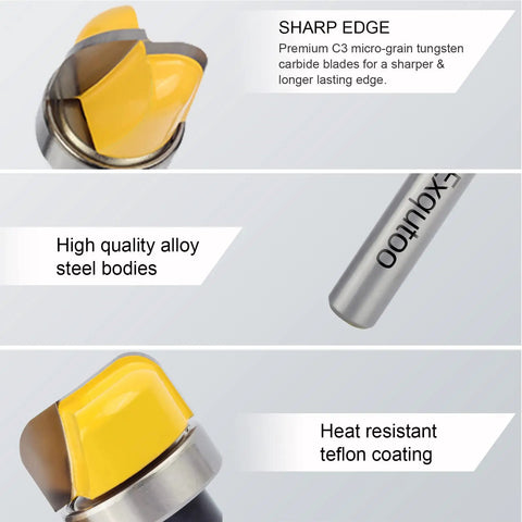Close-up of Three Pack Half Inch Shank Carbide Round Nose Groove Router Bits Set with ball bearing and sharp edge details.