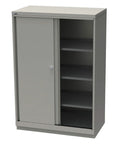 Top Notch Steel Storage Cabinet Featuring Smooth Glide Sliding Doors And Four Rock Solid Shelves Built Like A Tank Holding 440 Pounds In Painted Light Gray For Clean Spaces, 59.5 inch tall, perfect for garage.