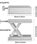 CALIDAKA lab scissors jack stand, stainless steel lift with screw clamp, front and side views.