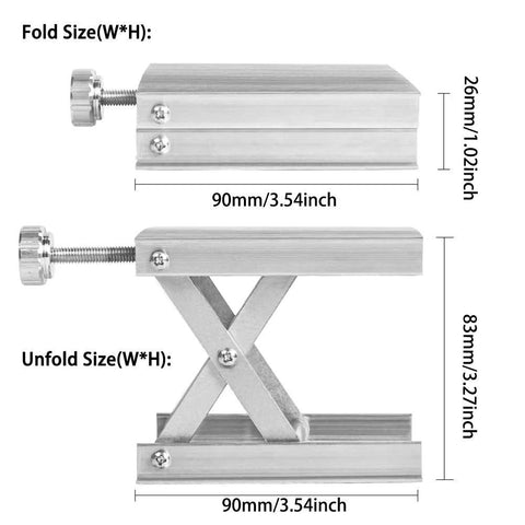 CALIDAKA lab scissors jack stand, stainless steel lift with screw clamp, front and side views.