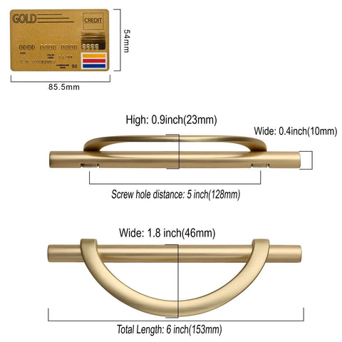 Brushed Gold Cabinet Pulls 5 Inch 128mm Hole Centers 10 Pack Handles detailed dimensions with comparison to credit card size