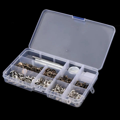Leather Craft Snap Fasteners Kit With 12mm Brass Buttons Bronze And Silver, Includes Hole Punch And Anvil, 30 Sets And 2 Fixing Tools, Easy Shirt And Coat Repairs For Handy DIYers in plastic organizer box