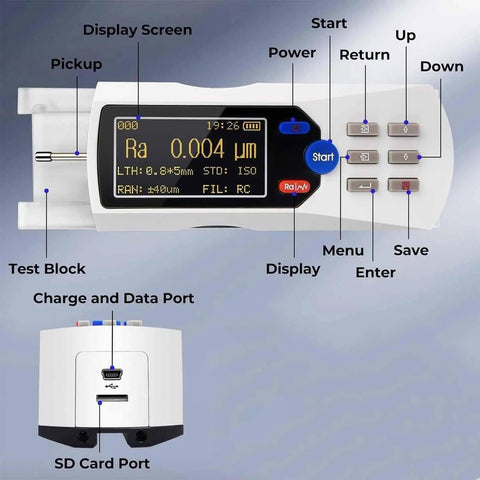 Rugged Metal Roughness Measuring Instrument Handheld Surfaces Roughness Tester With Thirteen Parameters 160 Micrometer Range And High Precision One Thousandth Micrometer For Accurate Roughness Detection. Front view with display and ports