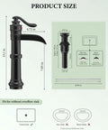 Matte Black Vessel Sink Faucet With Pop Up Drain Waterfall Style Farmhouse Single Hole Lavatory Tap Antique Bowl Look One Handle Includes Supply Lines No Overflow dimensions and installation guide