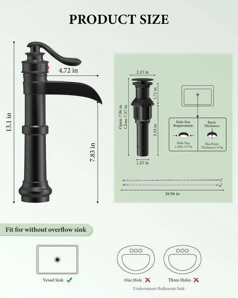 Matte Black Vessel Sink Faucet With Pop Up Drain Waterfall Style Farmhouse Single Hole Lavatory Tap Antique Bowl Look One Handle Includes Supply Lines No Overflow dimensions and installation guide