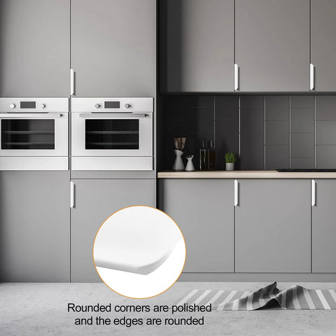 Modern kitchen with Eight Pack Finger Edge Self Stick Cabinet Drawer Pulls 80mm white concealed handles, safe polished rounded edges.