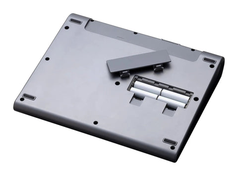 Bottom view of PodTrak P8 Podcast Recorder With Six XLR Inputs Six Headphone Outputs showing battery compartment open