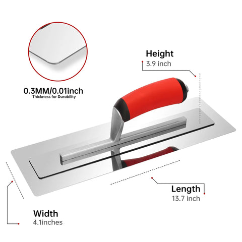 Pro Grade Drywall Finish Trowel with Stainless Steel Blade and Ergonomic Grip, 13.7 x 4.1 inches, detailed dimensions.