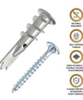 Self-Drilling Drywall Anchors Set With Zinc Alloy Screws, 200 Piece Kit For Picture Frames, Mirrors, Shelves, And Bathroom Accessories No Drill Needed, Easy Removal, Strong Hold shown with anchor and screw