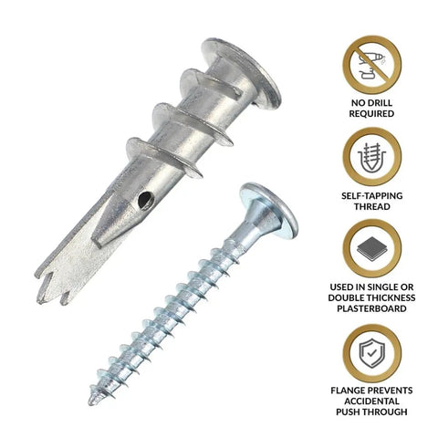 Self-Drilling Drywall Anchors Set With Zinc Alloy Screws, 200 Piece Kit For Picture Frames, Mirrors, Shelves, And Bathroom Accessories No Drill Needed, Easy Removal, Strong Hold shown with anchor and screw
