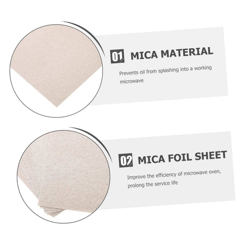 Easy Cut Mica Sheets For Microwave Oven Insulation, Heat Resistant Plate Sheets, 2 zoomed views with text showing mica material benefits.