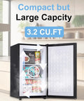 Compact 3.2 Cu Ft Upright Mini Freezer With Smooth Glide Shelves for stashing frozen foods, with a clear view of contents inside.