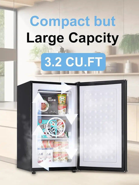 Compact 3.2 Cu Ft Upright Mini Freezer With Smooth Glide Shelves for stashing frozen foods, with a clear view of contents inside.