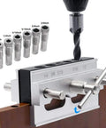 Self Centering Dowel Jig with Wide Capacity for Precise Wood Dowel Holes and Quick Clamp Setup, includes six hardened bushings.