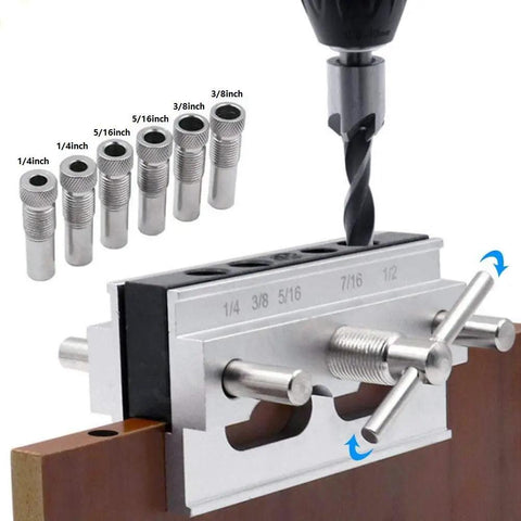 Self Centering Dowel Jig with Wide Capacity for Precise Wood Dowel Holes and Quick Clamp Setup, includes six hardened bushings.