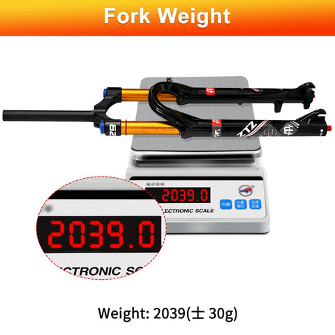 Air Suspension Front Fork For MTB 26 27.5 29 Inch With Upgraded 34mm Stanchions on scale showing 2039g