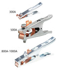 Heavy Duty Grounding Clamp For Welders With Ergonomic Handle And Secure Grip Perfect For Stick TIG MIG Arc Projects On Metalworking Tools, showcasing three sizes: 300A, 500A, and 800A-1000A.